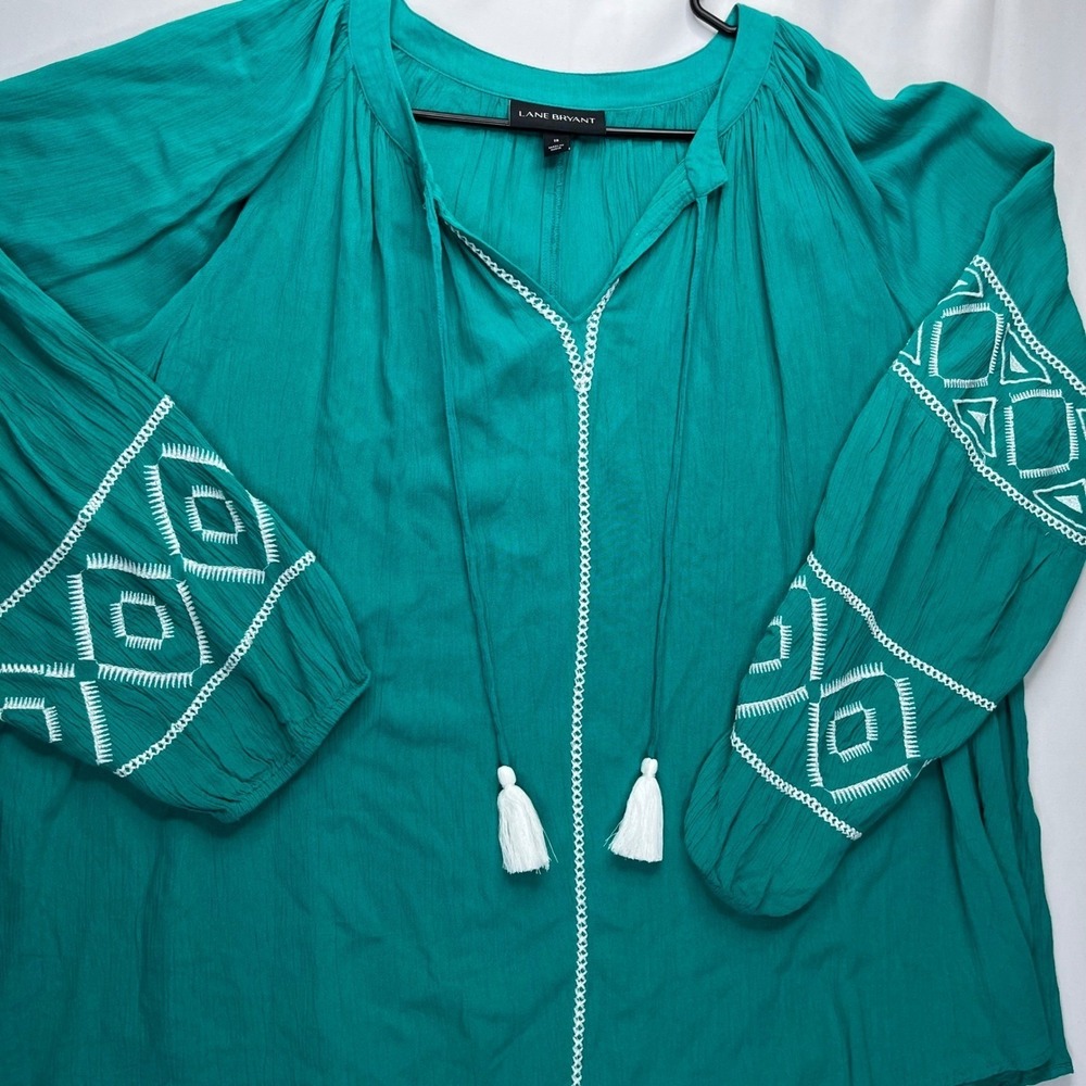 Lane Bryant Teal Embroidered Peasant Blouse Tassel Tie Top Size 18 Boho Rayon - Picture 12 of 13